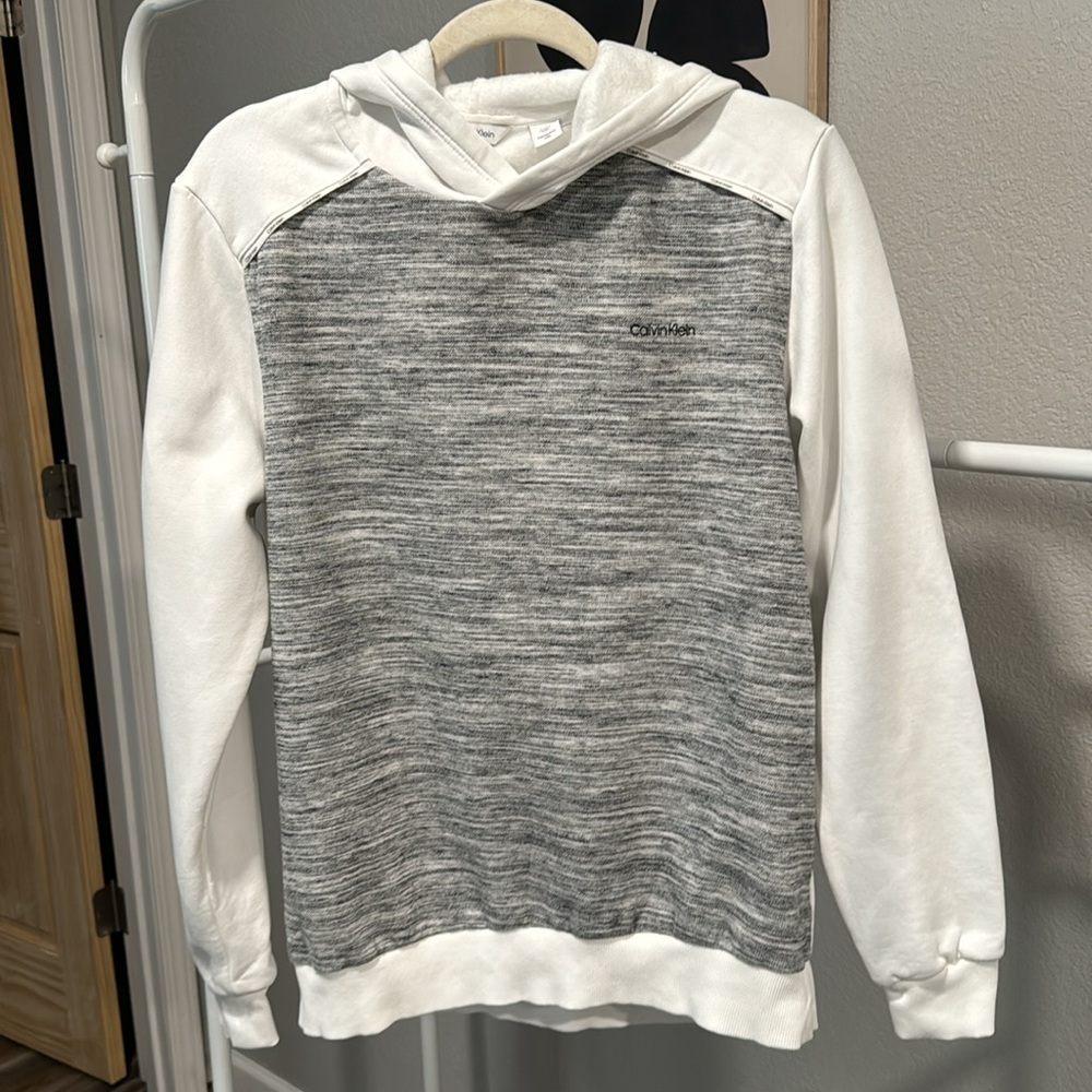Calvin Klein men’s small gray and white block colored hoodie.